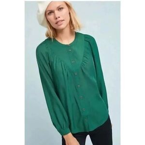 Anthropologie Maeve Kelly Green Button Down Lightweight Minimalist SZ S #1912